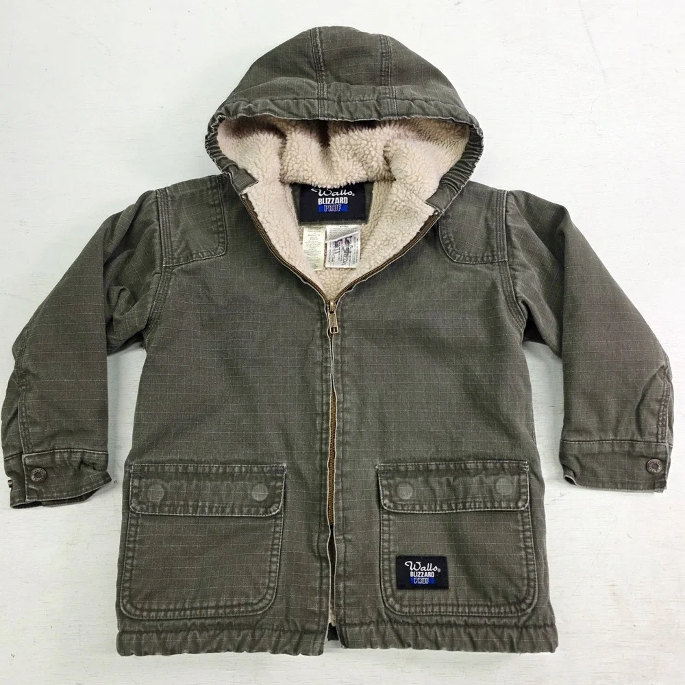 Walls Jacket Kids Boys Sz XS 4/5 Green Blizzard Pruf Ripstop Canvas Sherpa Lined